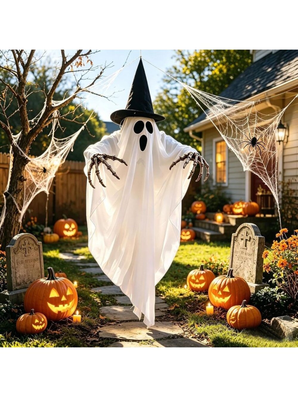 Halloween Hanging Ghost Decoration with LED Lights 80x90 cm Witch Hat Design